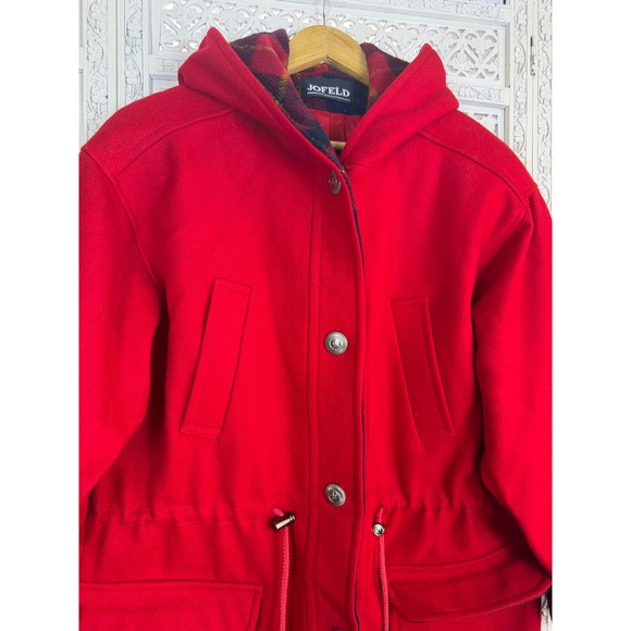 Vintage Fofeld Red Wool Plaid Drawstring Hooded Coat Womens XL-2X Retro Indie - Picture 3 of 8